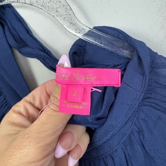 LILLY PULITZER | NEW Ellielynn Sheer Long Sleeve Navy Blue Blouse Women’s Size 2 - Picture 8 of 11